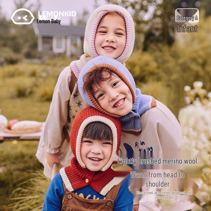 Lemon Baby Wool Knit Hat & Shawl Set - Warm, Windproof Autumn/Winter Infant Cap