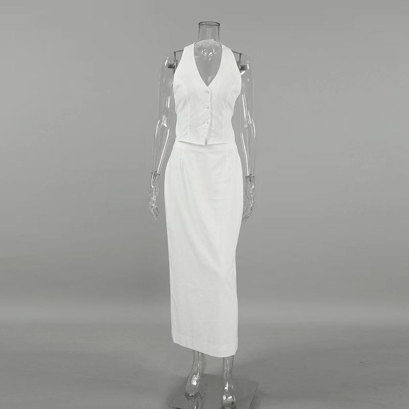 

Western Style Sexy Halter Top Skirt sets Hanging Neck Vest Half Skirt Set White L