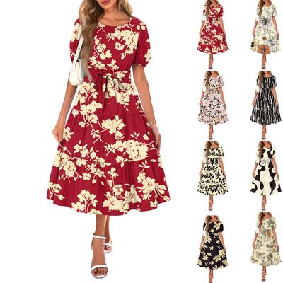 Womens Summer Dresses Short Sleeve Button Tie Waist Boho Flowy Maxi Dress