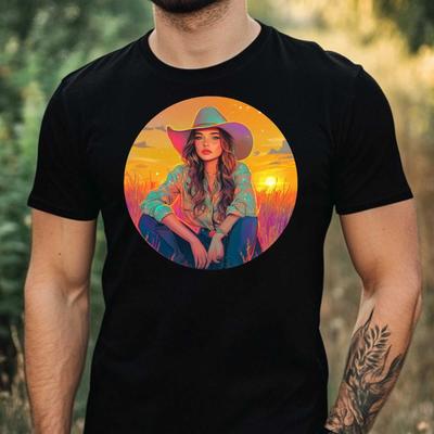 Men's T-Shirt Cowgirl Holographic Motif Cotton Size XS To 5XL
