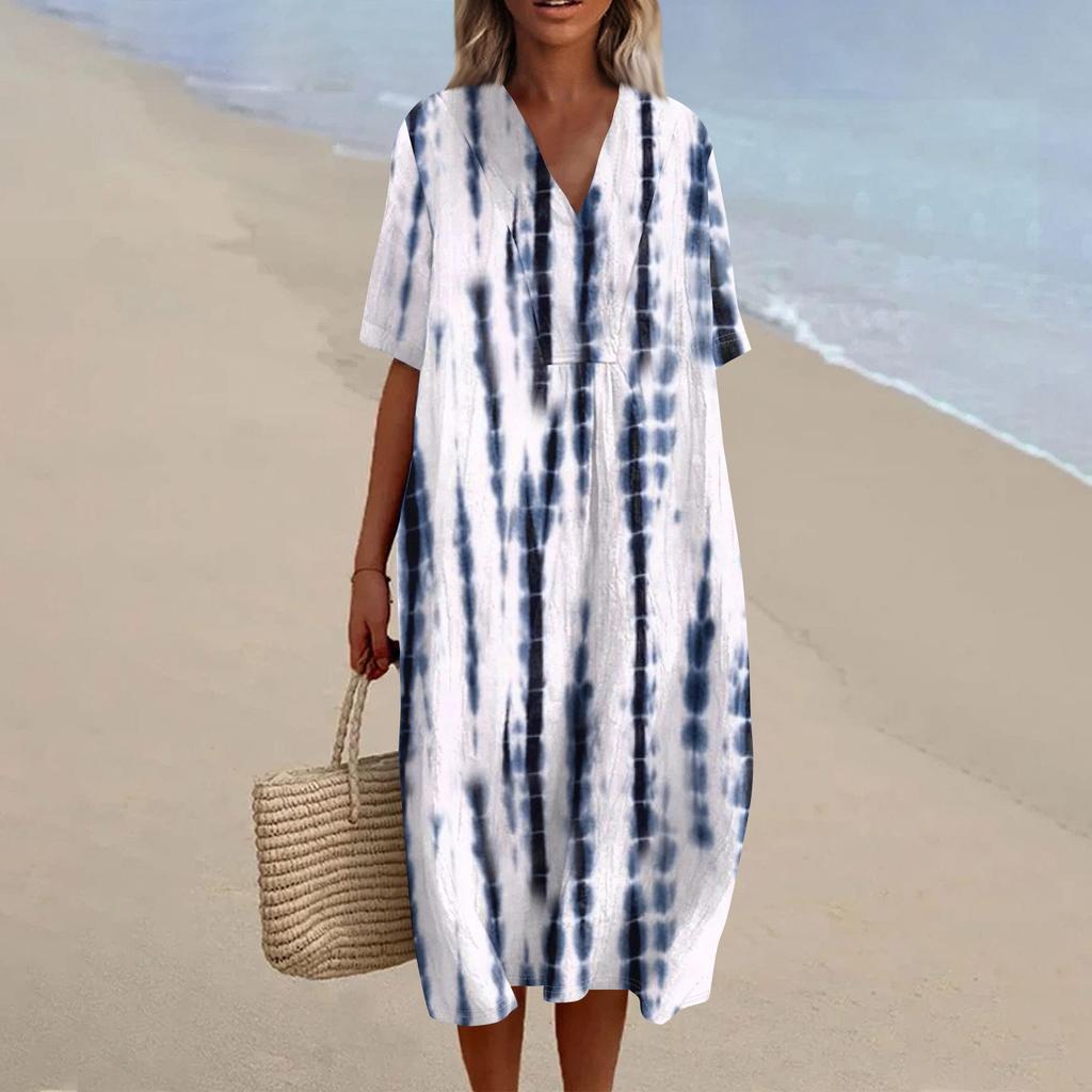Women's Loose Casual Fashion V-Neck Printed Dress Beach Skirt