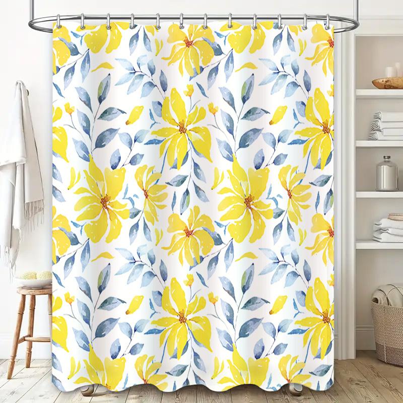 Watercolor Flowers Shower Curtain Yellow Blue White Decor for Bathroom Modern Design Home Accessories Easy Hanging 180x245cm Fab