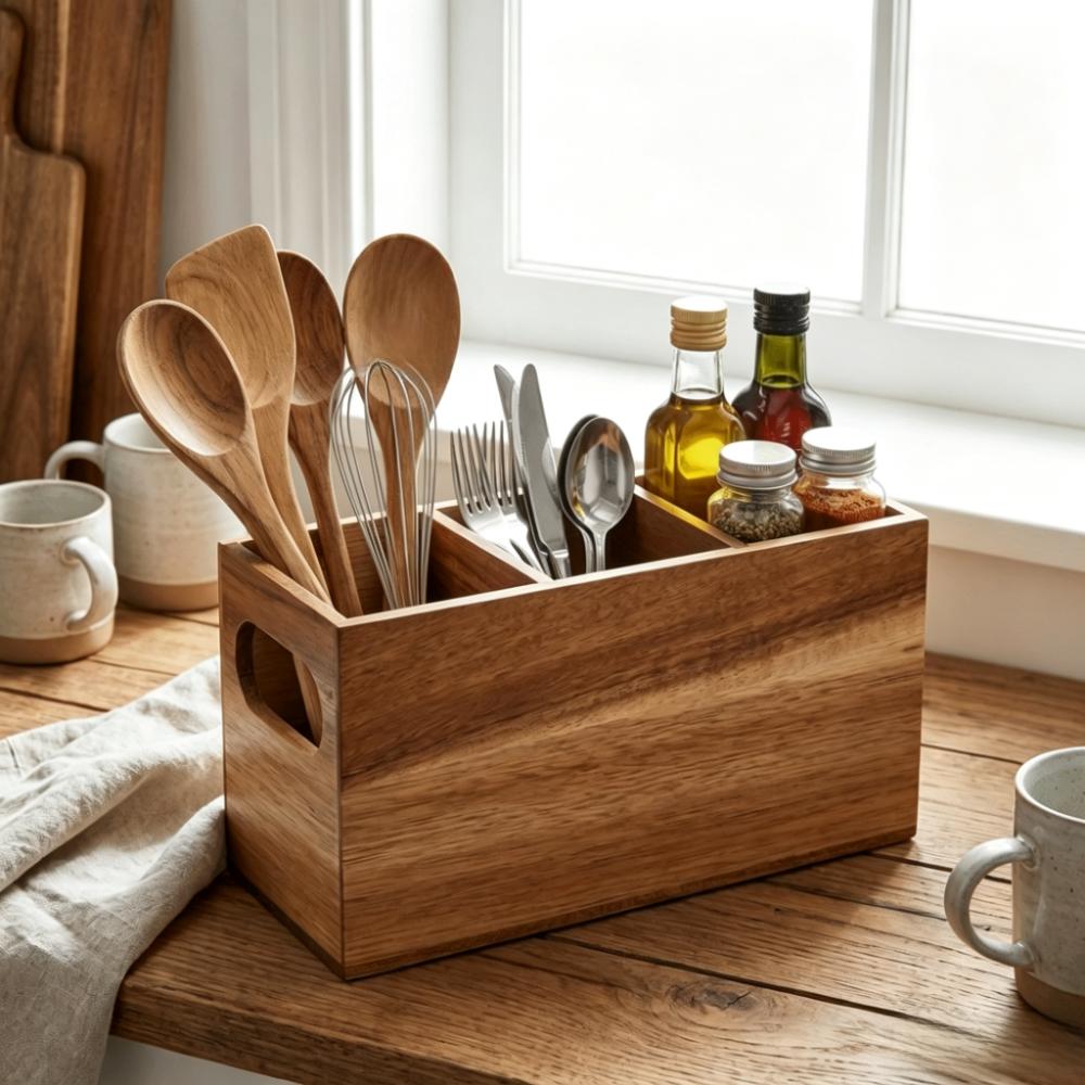 Wooden Cutlery Holder 3 Compartment Storage Rack Kitchen Tools Utensil Organizer Home