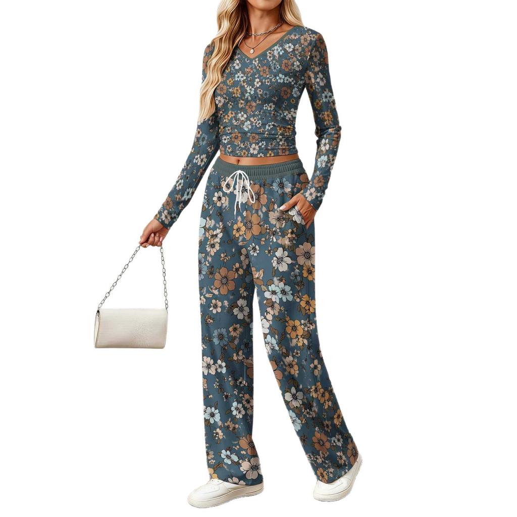 Spring and Autumn Ladies V-Neck Long Sleeve Pants Set Comfortable Casual Versatile Slim Two-piece Set