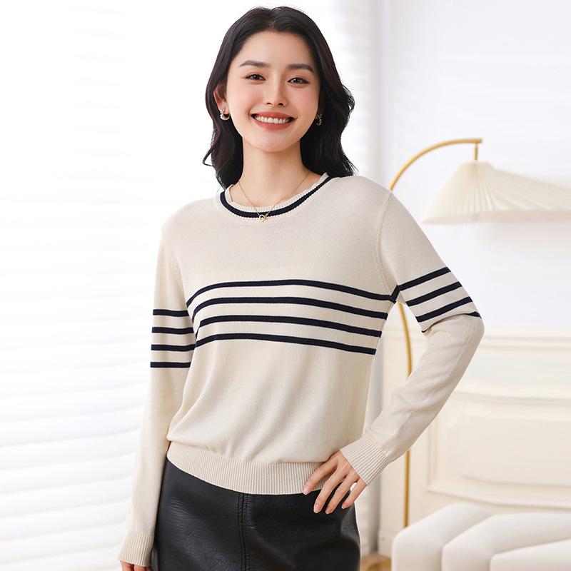 

Новый весенне-летний свитер из чистого хлопка с круглым вырезом и длинными рукавами, с четырьмя полосками, женский простой свободный повседневный базовый вязаный свитер с длинными рукавами 2XL бежевый