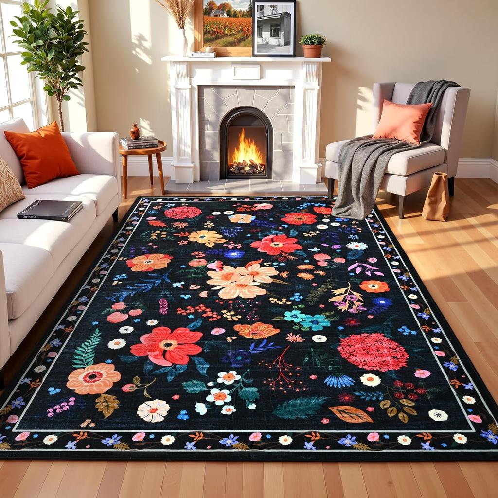 Floral Pattern Carpet Mat - Living Room and Bedroom Carpet Decoration  Romantic Design with Pink  Red Flowers and Green Leaves