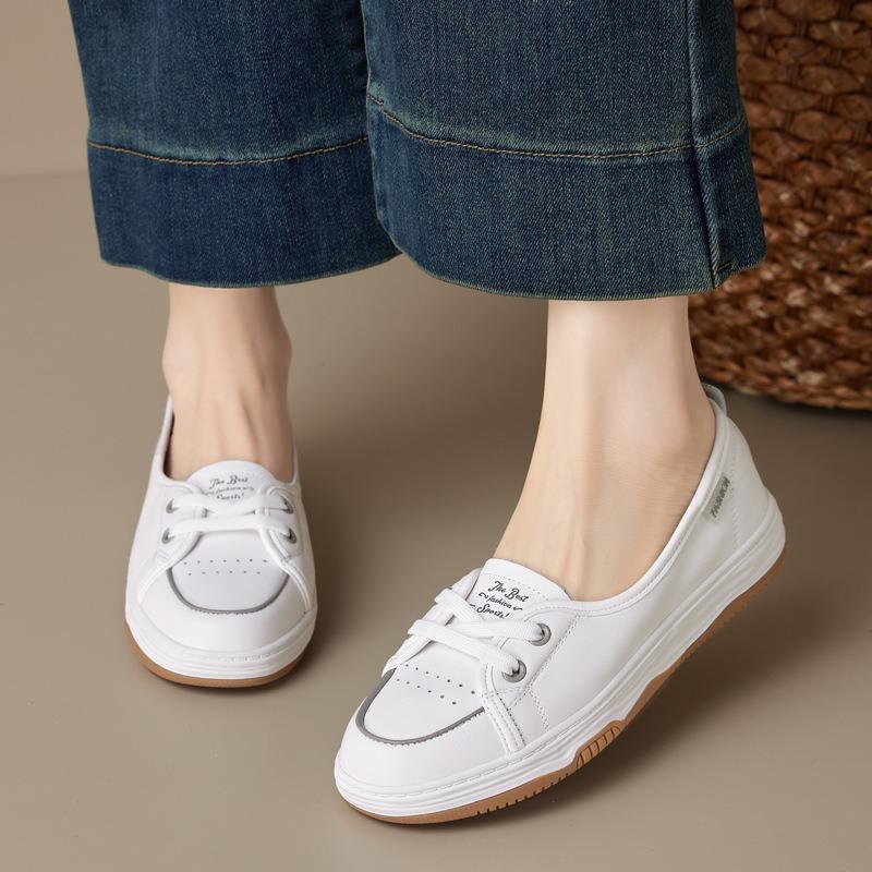 Leather little white shoes women's shallow mouth spring and summer new breathable single shoes one pedal flat baseplate shoes large size
