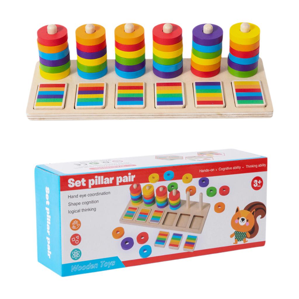 Wooden Color Sorting Stacking Toys with Racks Rings Montessori Toys Rainbow Ring Game Educational for Ages 3+ Boys Girls Gift