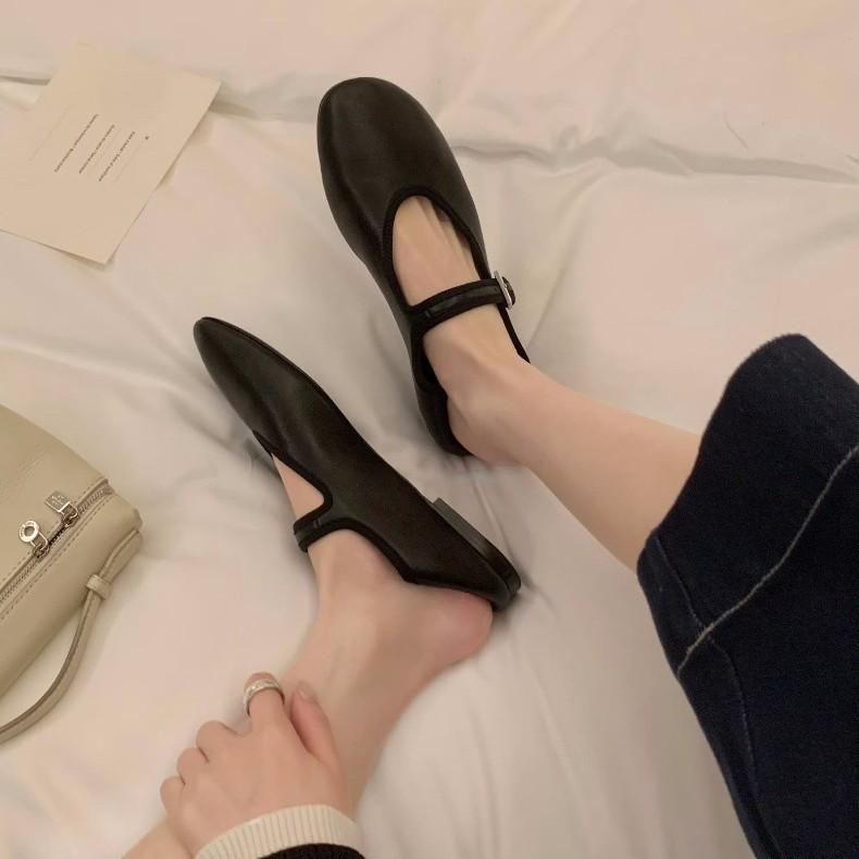 Sheepskin version~ French one-word buckle soft-soled round head shallow mouth Mary Jane single shoes women's genuine leather flat-soled small leather