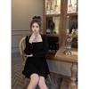 Micro square neck long sleeve dress spring and autumn large size women's clothing retro waist thin a word short skirt