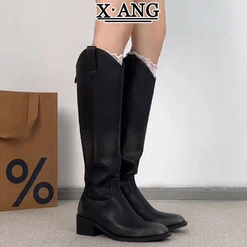 

Cowhide Maillard Brown Heel Knight Boots Children s Skinny Boots High Boots Western Cowboy Boots 42