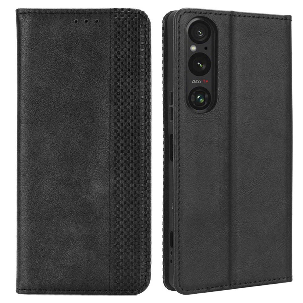 

For Sony Xperia 1 V Retro PU Leather Phone Case Stand Wallet Flip Magnetic Cover Black