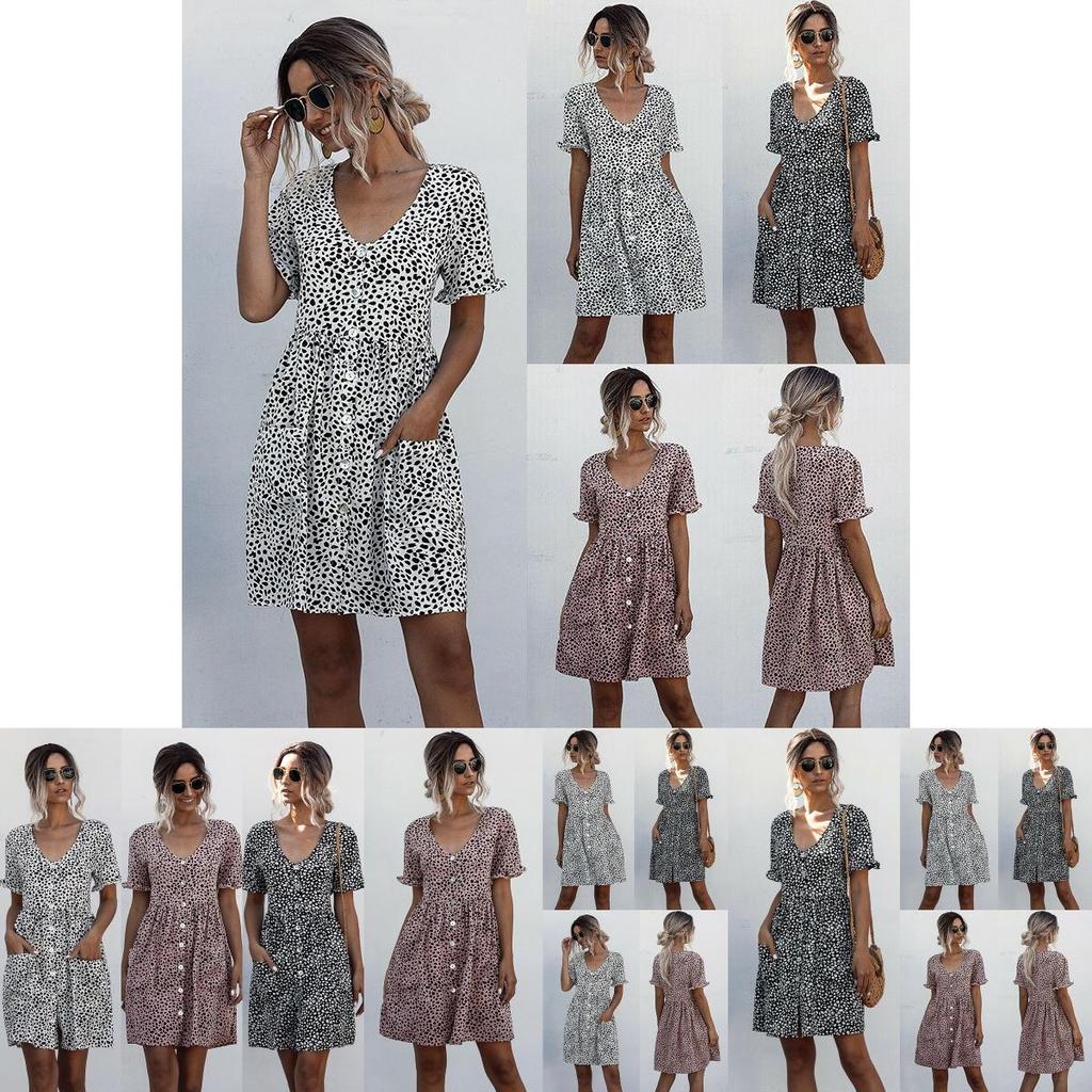 Stylish Women V-neck Holiday Mini Dress Featuring Elegant Polka Dot Design And Pockets