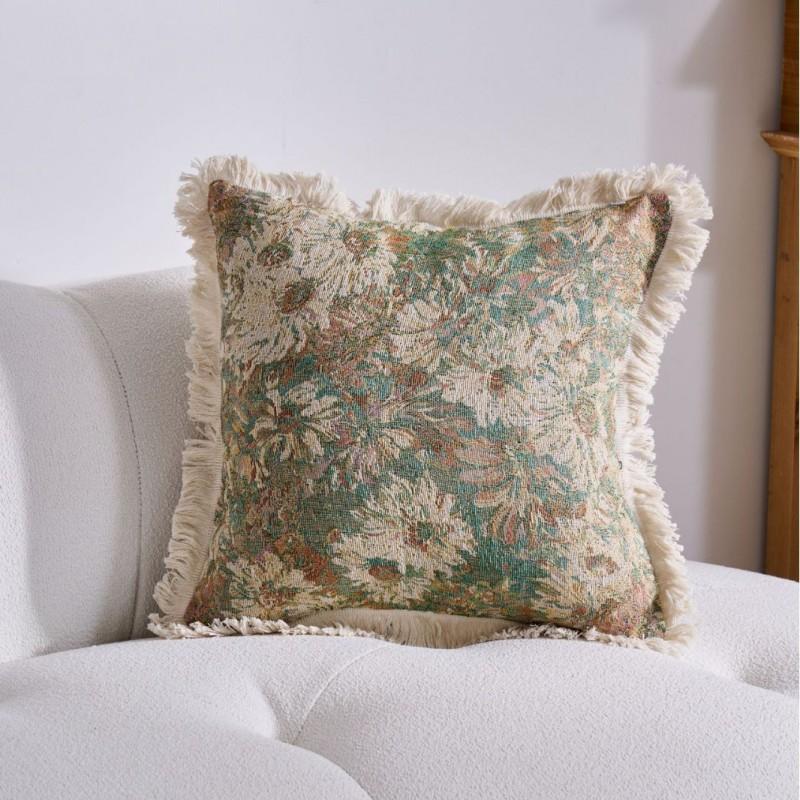 American Style Floral Jacquard Throw Pillow Cover With Tassel Trim Sofa Chair Bed Car Decor 45x45cm 60x60cm