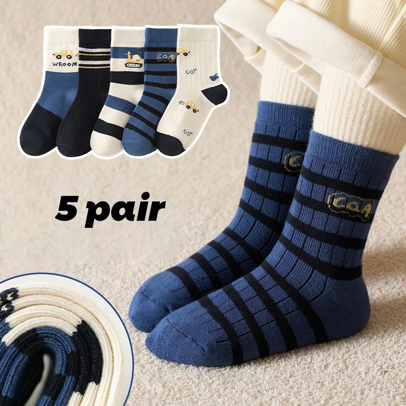 5 Pairs Boys Cartoon Car Socks Autumn Winter Mid Tube Cotton Socks For Kids Children Casual Soft Comfortable Crew Socks