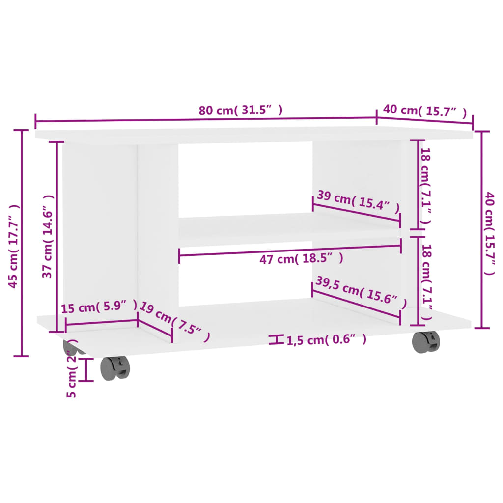 Mobile TV con Ruote Bianco 80 x 40 x 45 cm Legno Ingegnerizzato