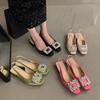 High Heel Sandals Thick Heeled Women's 2024 Summer New Square Button Rhinestone Fairy Style French Square Toe Single Shoes