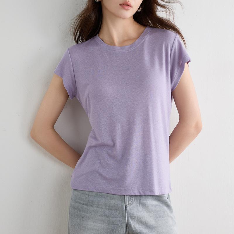 Womens Solid Color Round Neck Flutter Sleeve Breathable Summer Casual Linen T Shirt
