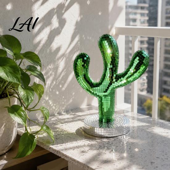 Creative Shiny Cactus Figurine Disco Ball Statue Green Mirror Mosaic Decor Retro Decorative Object for Entryway Table Ornament Home Christmas Party