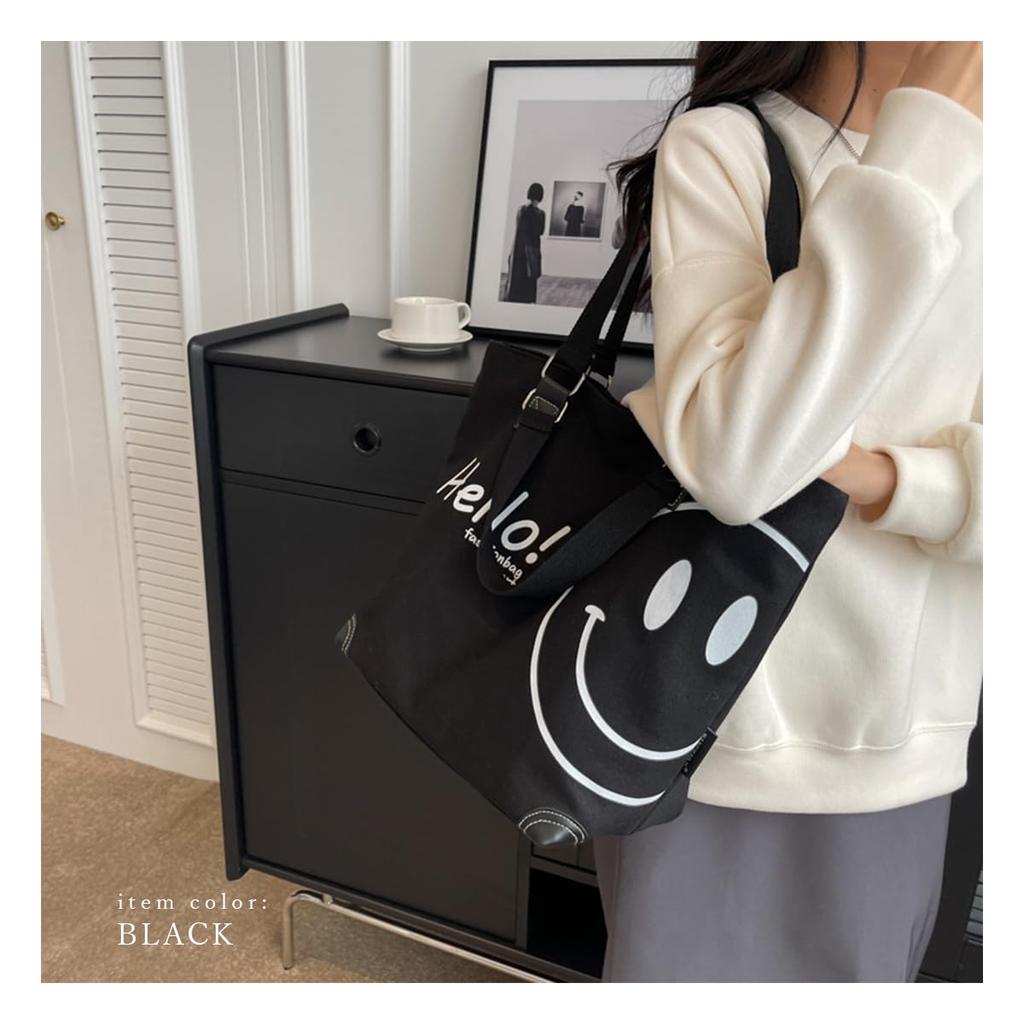 Tote Canvas Large Canvas Smile Big Tote [DIVA Rose] Bag, Women's, Handbag, Large, Cute, Capacity, Handbag, Bag, Stylish, Lightweight, (Black)