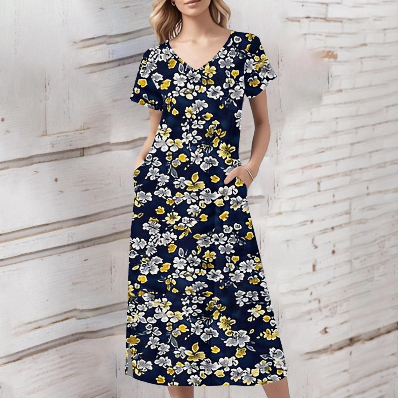 

Женское летнее платье с цветочным принтом, пляжное платье с коротким рукавом и карманами, повседневное платье с V-образным вырезом и разрезом сбоку L