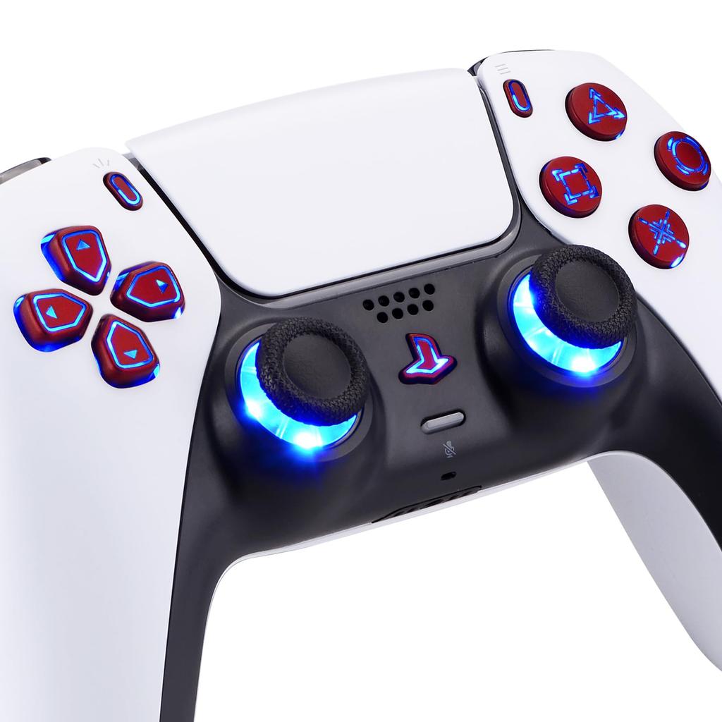 This is not a but an eXtremeRate PS5 controller and with a DTF V3 LED kit in Scarlet featuring multicolored illumination for the share and home face