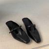 Sheepskin Version, Genuine Leather Retro Square Head T-Shaped Buckle Bag Head Half Slippers, Femininity Commuting Versatile Thick Heel Mueller Shoes
