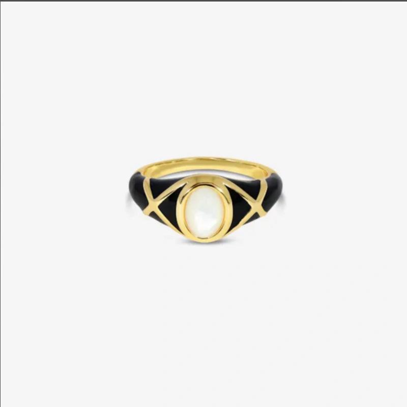 Unique Personality Black Drop Glaze High-Grade Metal Copper Plated 18K Real Gold Inlaid White Shell Ring Fashion Temperament Ring