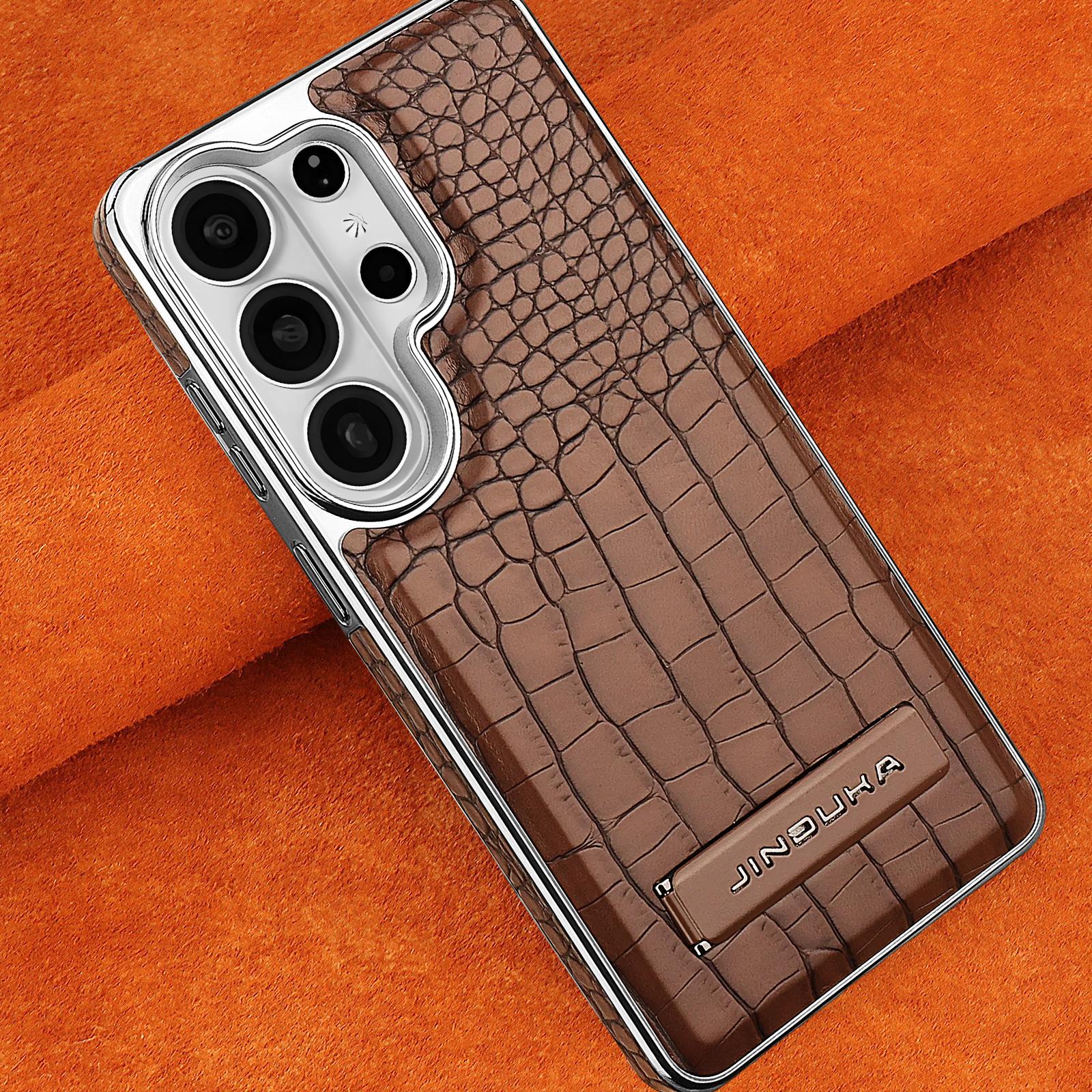 

3D Crocodile Texture Magnetic Leather Case for Samsung Galaxy S26 Ultra S25+ plus S24 Bracket Holder Kickstand Plating Frame Galaxy S26+ темно-коричневого кольору