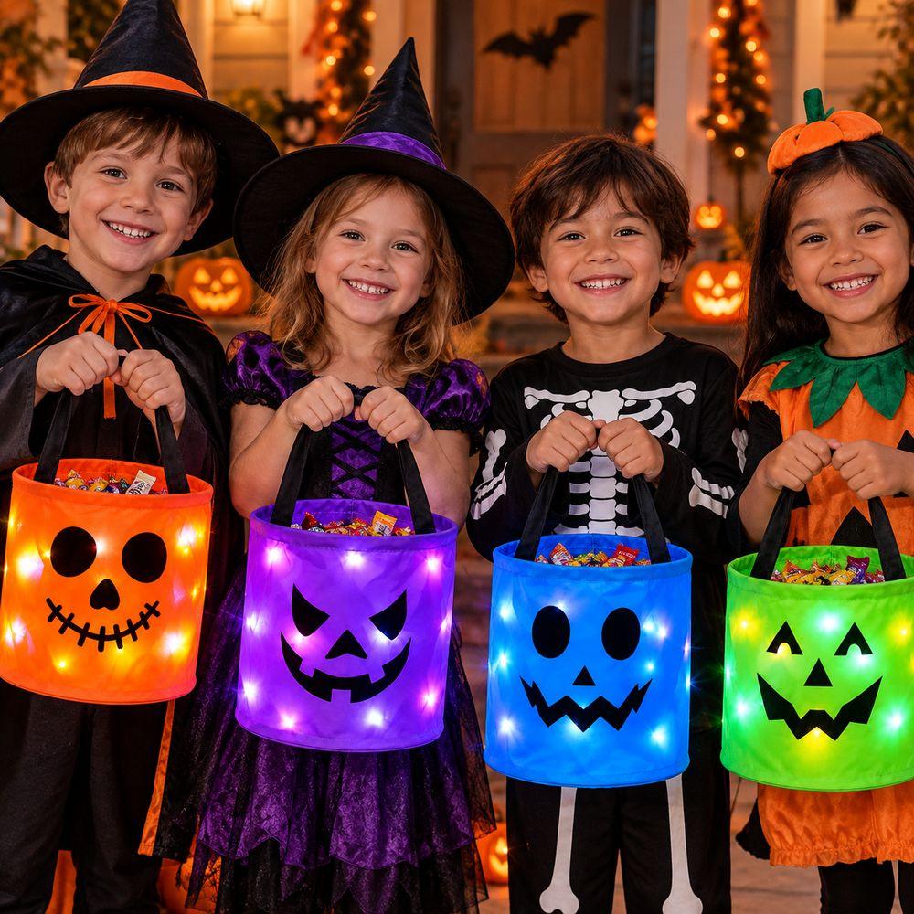 LED Halloween Wiaderko na Cukierki Duch Nadruk Halloweenowa Torba Tote Nowe Wiaderko Dynia Dzieci