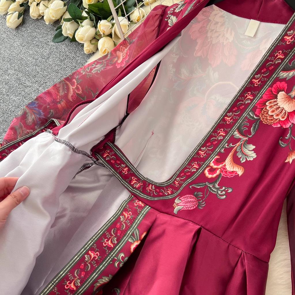 Wunderschönes Chiffon-Wickelkleid mit Blumendruck und Laternenärmeln, Spleißbandage, Schnürung, Kreuz-V-Ausschnitt, dicker Satin, Boho-Partykleidung