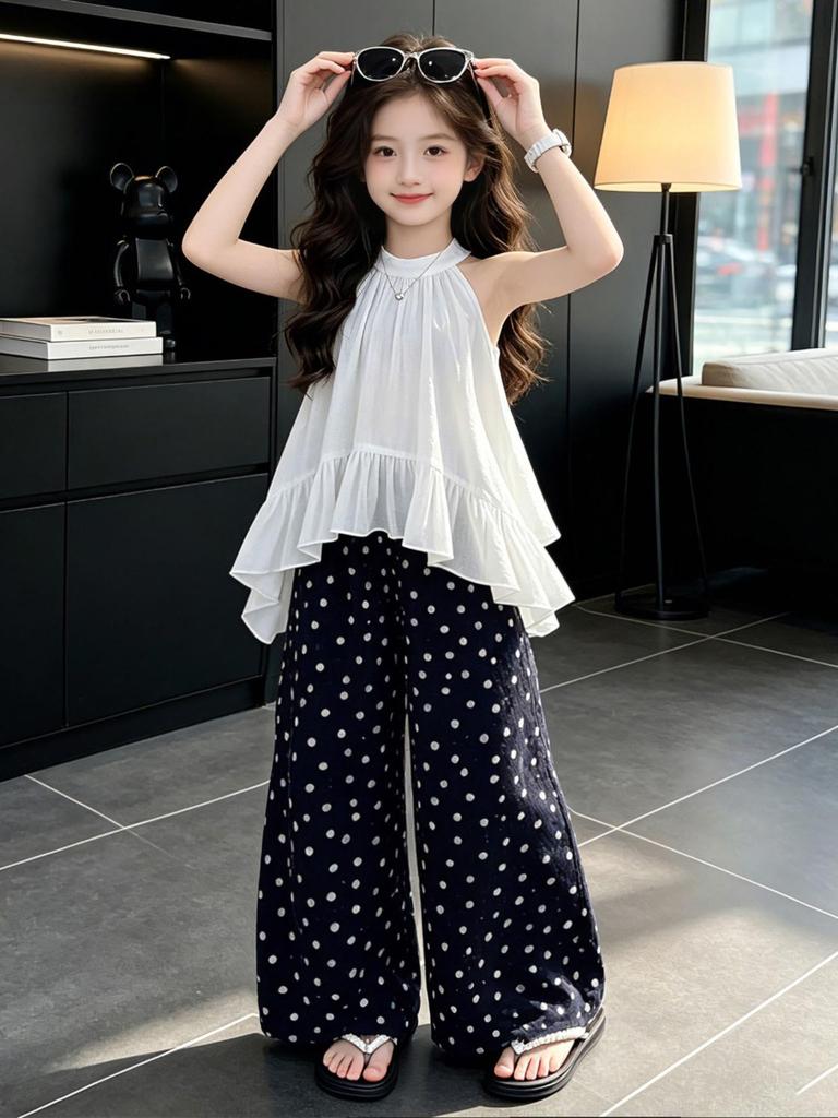 2026 Summer Polka Dot Pants & Ruffle Halter Top Set for Girls - Medium & Large Kids' Cool Summer Wear.
