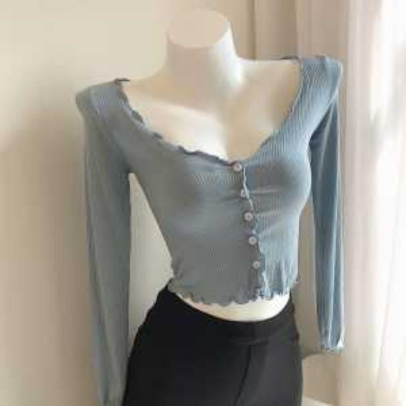 

Women s Pink Ribbed Knit Cardigan Long Sleeve V-neck Button Crop Top with Ruffle Trim S синій