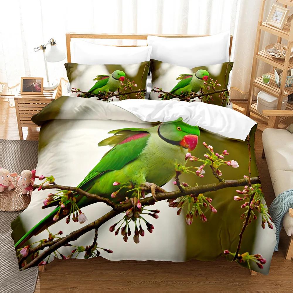 Macaw Bedding Set King/Queen Size Colourful Parrot Duvet Cover Boys Natural Tropical Green Plant Bird Polyester Quilt Cover