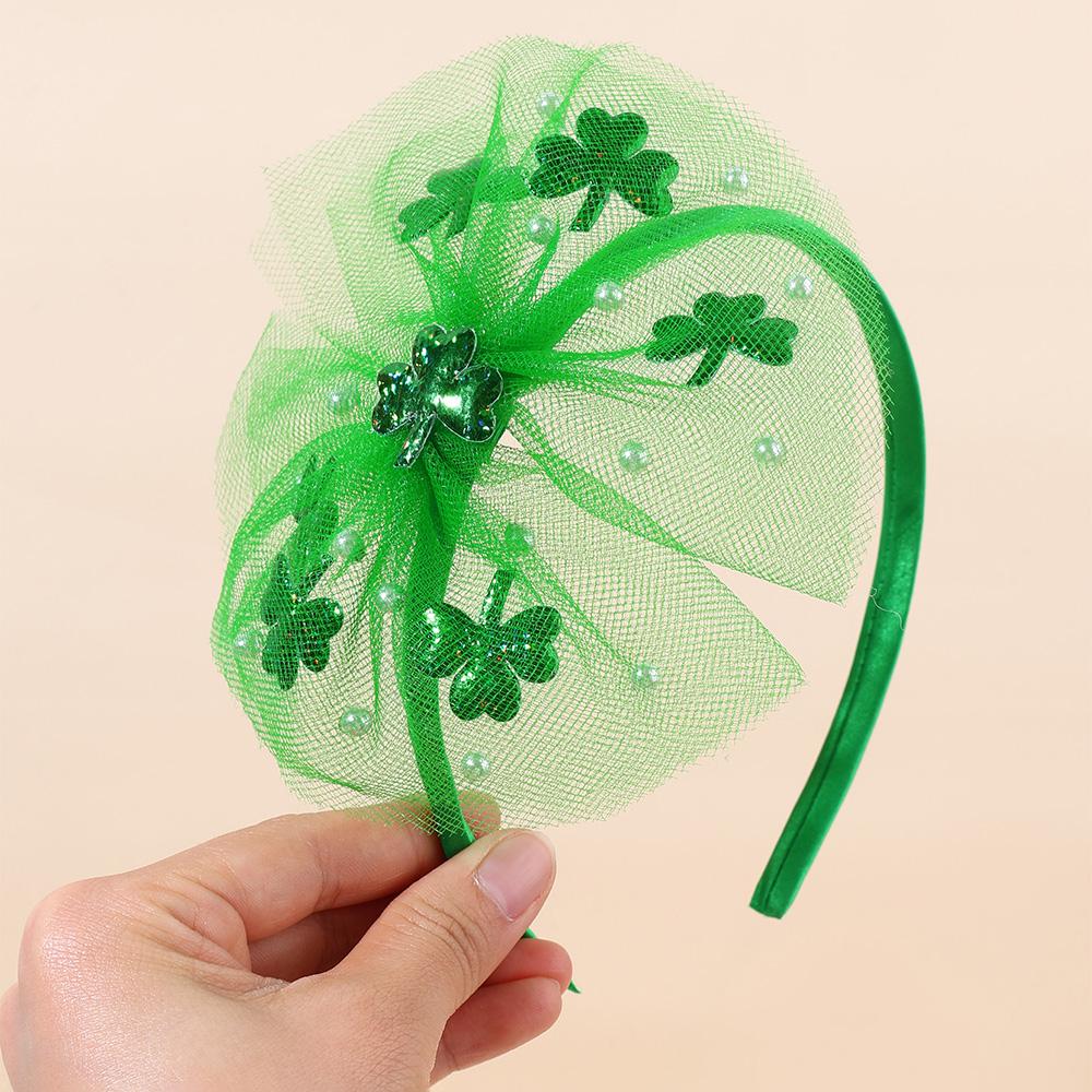 Cloverleaf Tull Hairband For Girls Pearls Mesh Hair Hoops Large Fresh Green Bow Hair Bands Easter Headwear Hair Accessories