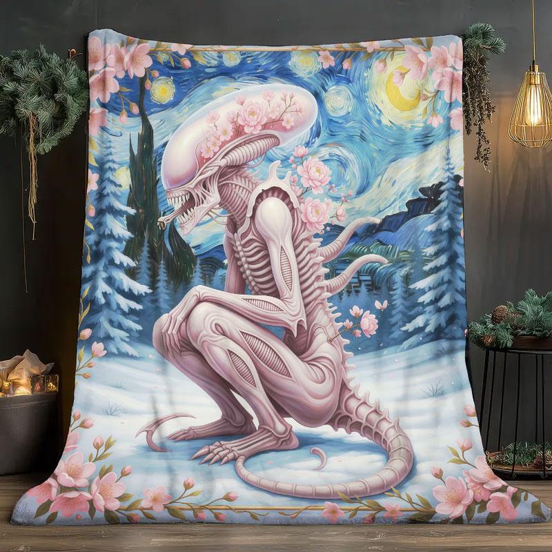 1Pc ArtAlien Print Flannel Blanket, High quality Comfortable for All Seasons, Warmth and Comfort, Perfect for Christmas Gifts
