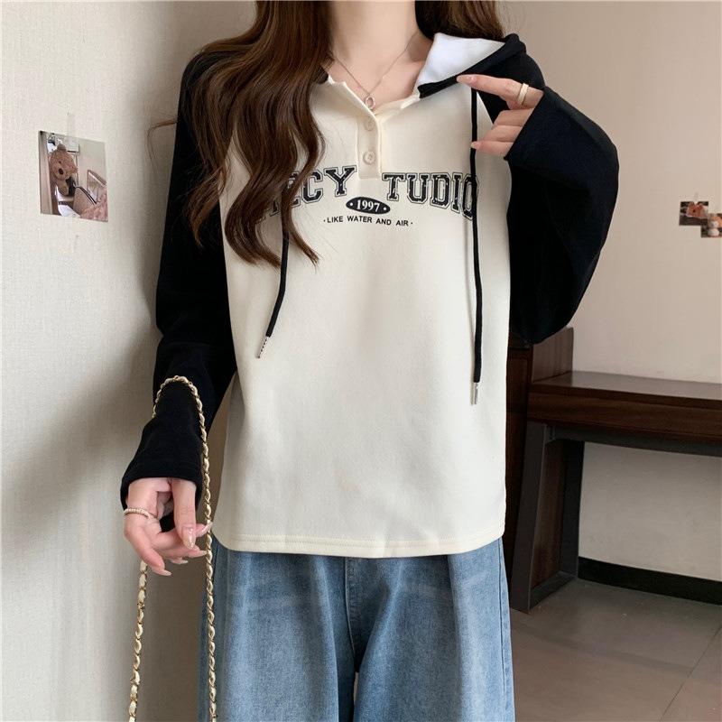 

Wind Shot Cotton Hooded Sweater Women s Outfit Autumn and Winter Shoulder Splicing Niche Long Sleeve Top Women s Jacket 2XL чёрный