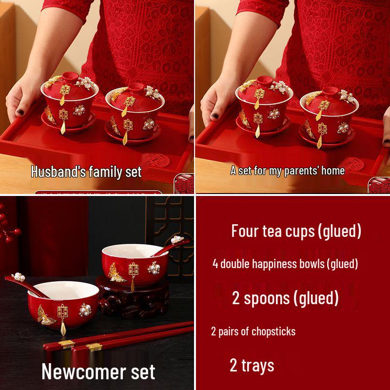 Double Happiness Butterfly Love Teacup Set: Wedding Bowls, Red Tea Set, Chopstick Pair, Dowry Gift