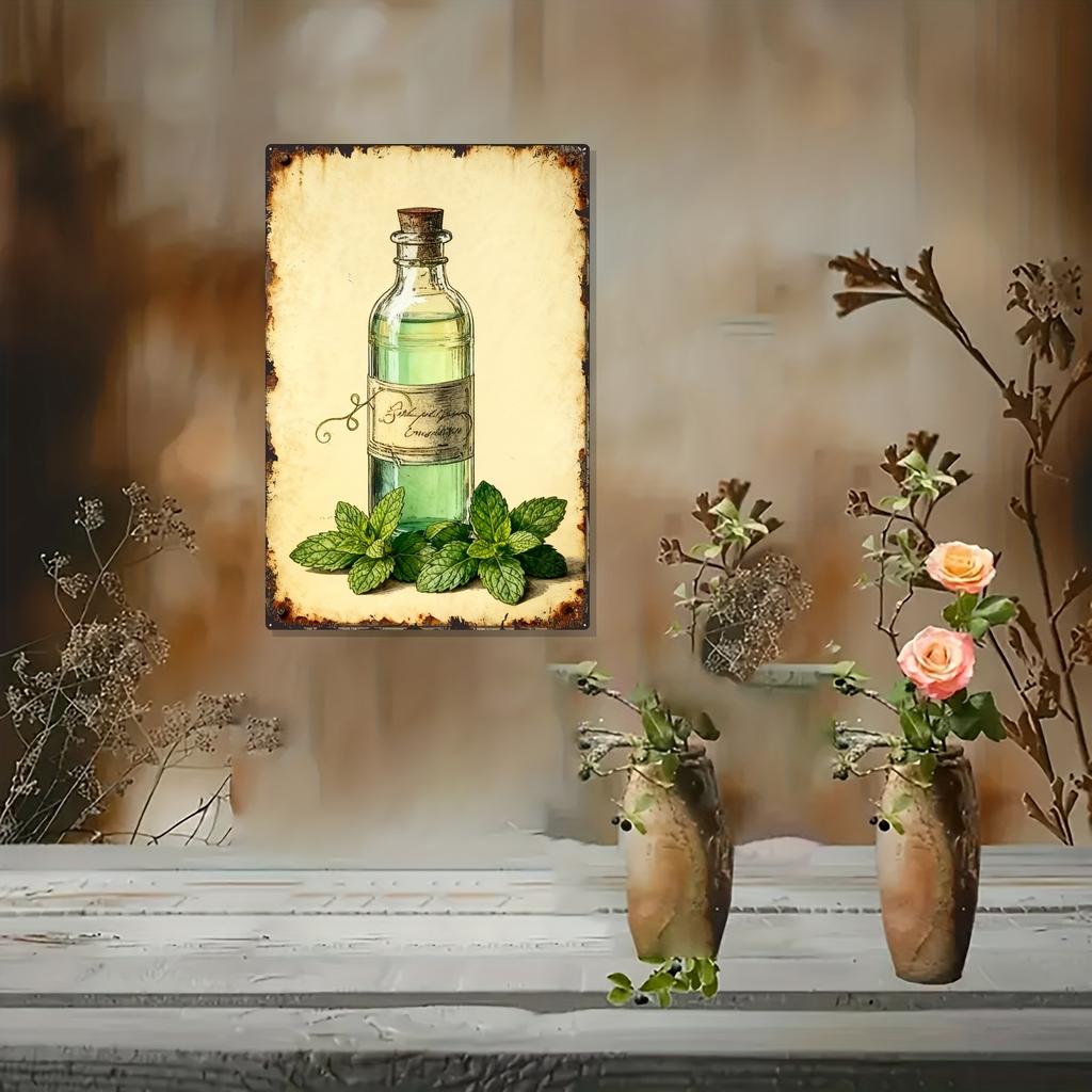 [2D Flat] 1pc Vintage Peppermint Essential Oil Tin Painting - Rust-Proof & Weatherproof Metal Wall Art, 20.32x30.48 cm, Antique