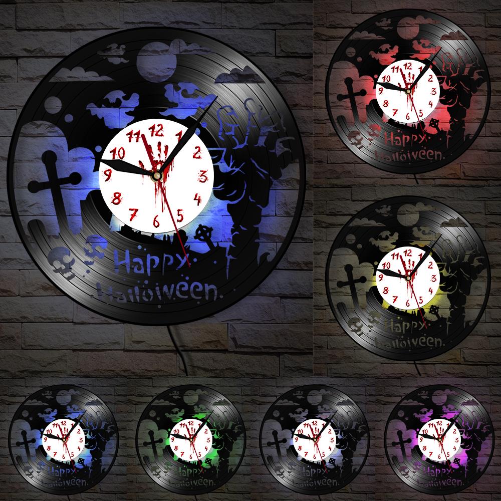 Dark Halloween Party Wall Sign Vinyl Record Clock Spooky Zombie Rise Artwork Home Decor Carved Music Album Longplay Wall Clock