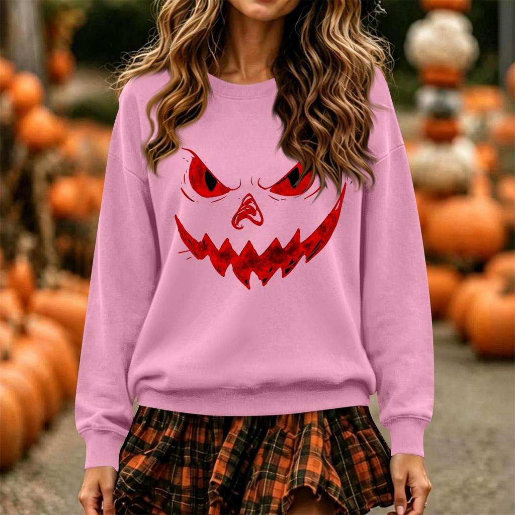 Women's Fashion Casual Long Sleeve Halloween Print Neck Pullover Sweatshirt