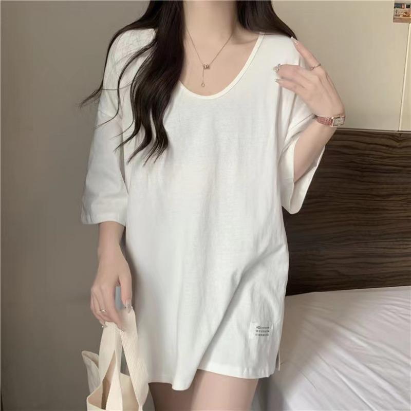 Cotton Short Sleeve Casual Loose T-shirt for Women Summer Fashion Solid Round Neck Plus Size T Shirt Woman Elegant Slim Simple Female Tee Tops 26294