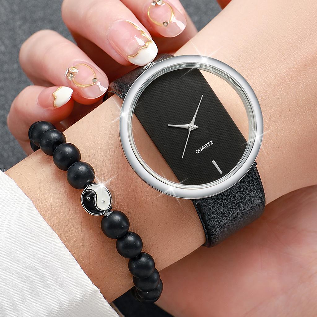 2 STÜCKE/Set Damenmodeuhr Lederarmband Einfache Quarzuhr mit Bagua-Perlenarmband