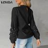 VONDA Women Fashion Stand Collar Long Sleeve Solid Color Blouses