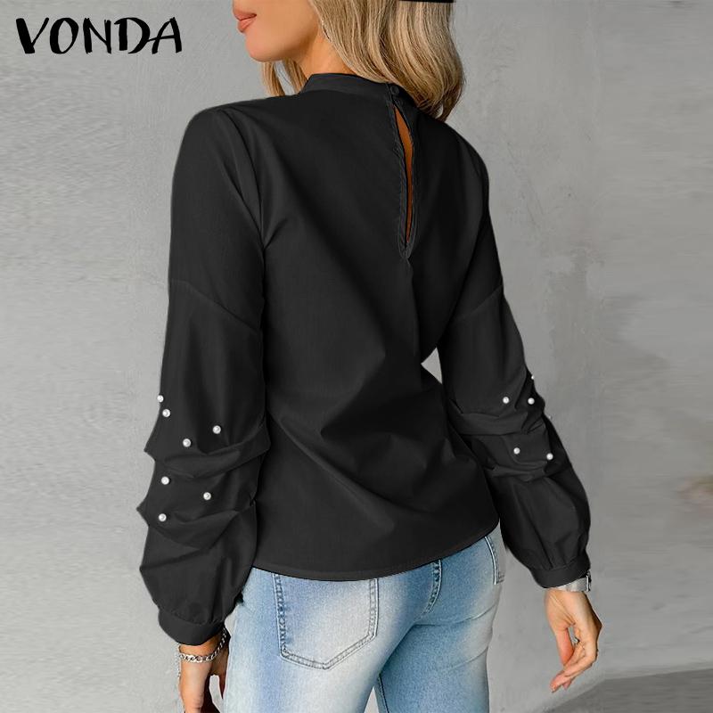 VONDA Women Fashion Stand Collar Long Sleeve Solid Color Blouses