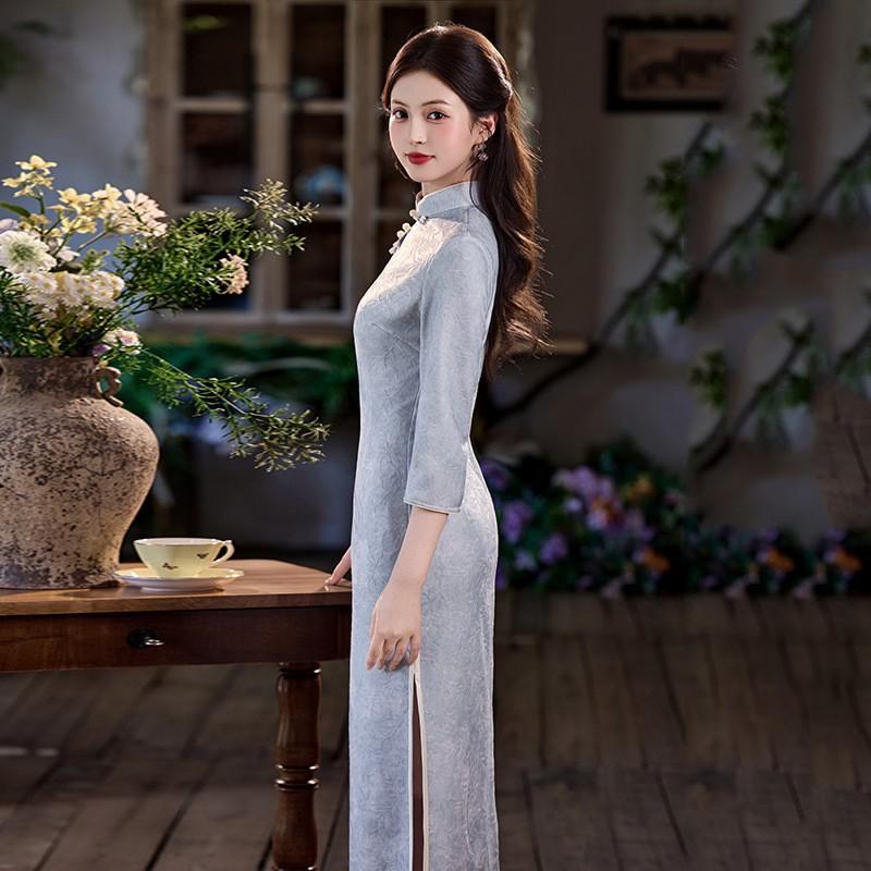 Elegant Long Sleeve Qipao Dress Women Vintage Chic Lace Maxi With Mandarin Collar Stylish Fit