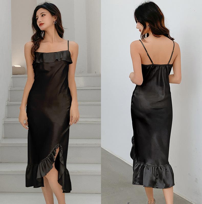 Yaoting solid color ice silk temperament suspender nightdress sexy ruffle bottom swing split pajamas loungewear CQ1111