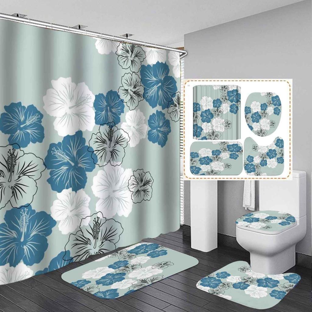 Elegant Blue Floral Shower Curtain Set Bathtub Curtains Non-Slip Carpet Bath Mat Toilet Cover Bathroom Set Decoration Without