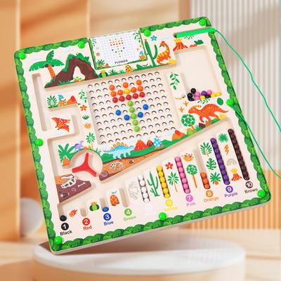 Wooden Fun Cognitive Magnetic Dinosaur Walking Ball Maze Puzzle Board, Ball Game Digital Pen Puzzle Toy