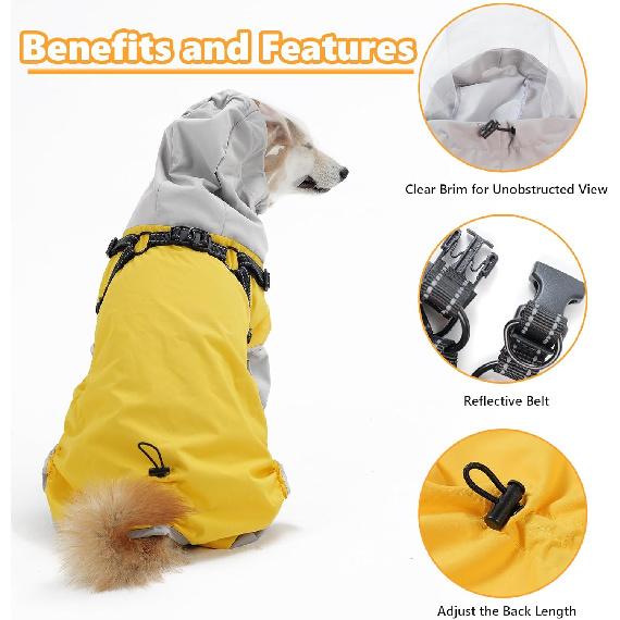 LIANZIMAU Waterproof Dog Raincoat 4 Legs with Leash Hook Reflective Adjustable Belly Strap Clear Hood Lightweight Polyester for Small Medium Large